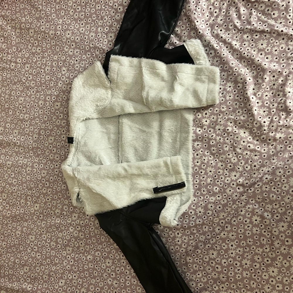 SHEIN Faux Fur Teddy Jacket with Black Faux Leather Sleeves - White